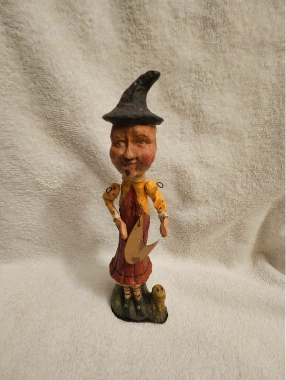 Vintage Dept 56 Poliwoggs Skinny Witch Moon Frog Folk Art Halloween 8.5"